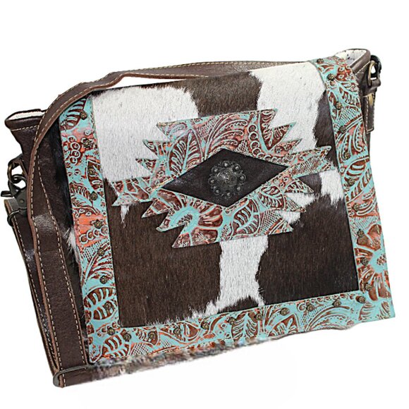 Myra Bags Teal Flowers Aztec Cowgirl Conceal Carry Leather Cross Body Bag - Picture 2 of 9